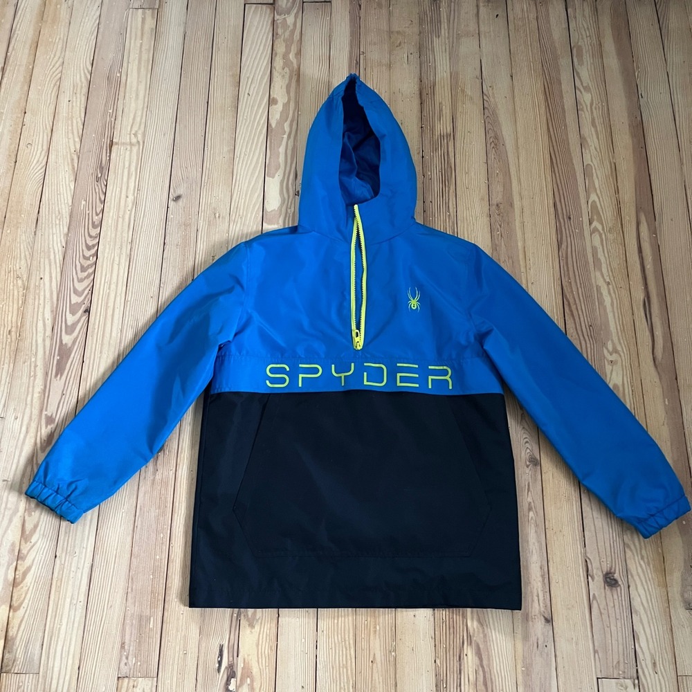Spyder Boys‎ Blue Black Colorblock Half Zip Hooded Anorak Rain Jacket Sz L 14/16